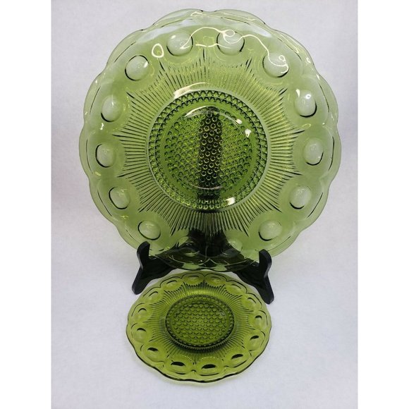 Green Indiana Glass Thumbprint Depression Glass Platter and Small Plate - Picture 3 of 8